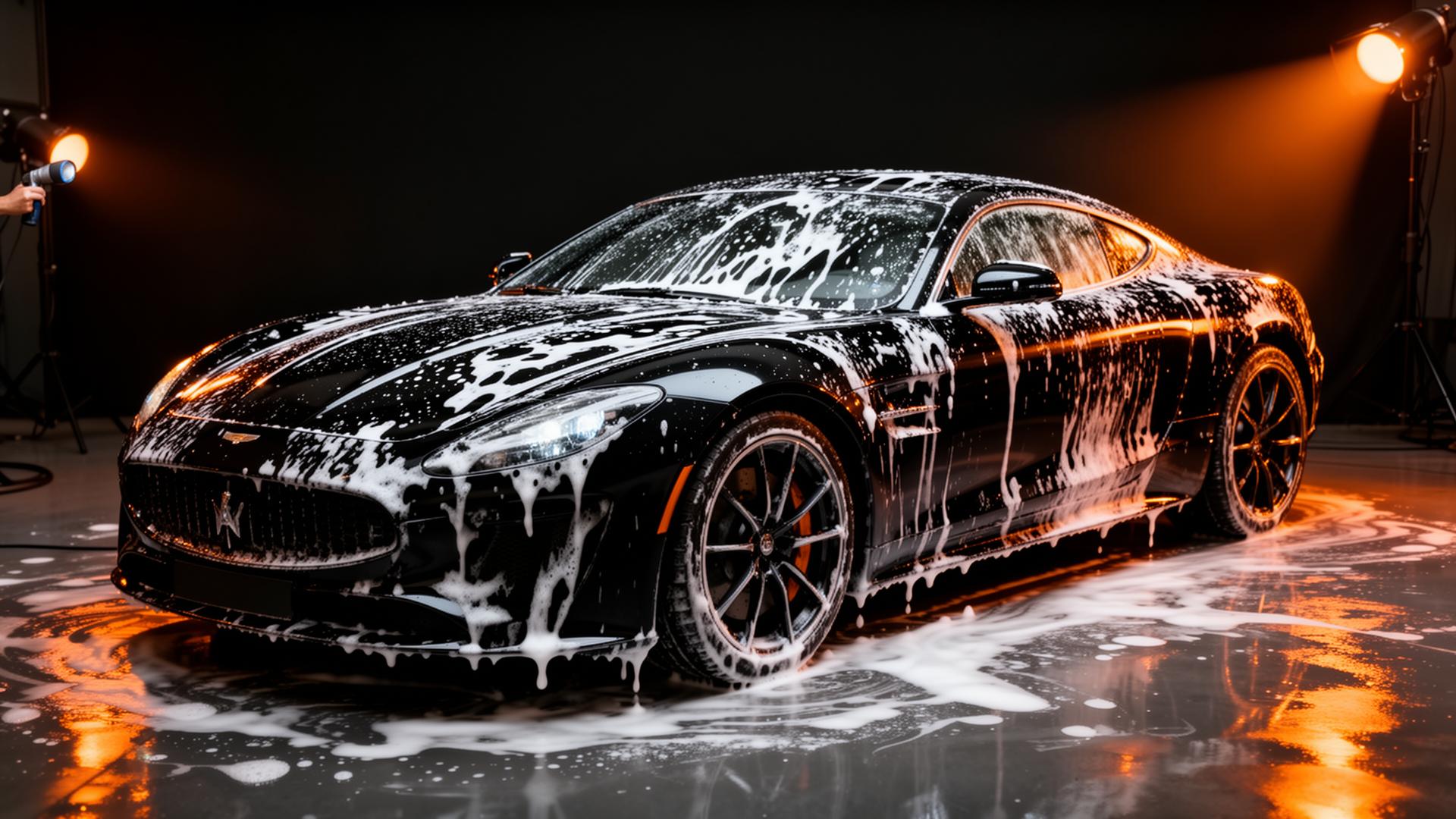 Voiture noire en cours de lavage premium